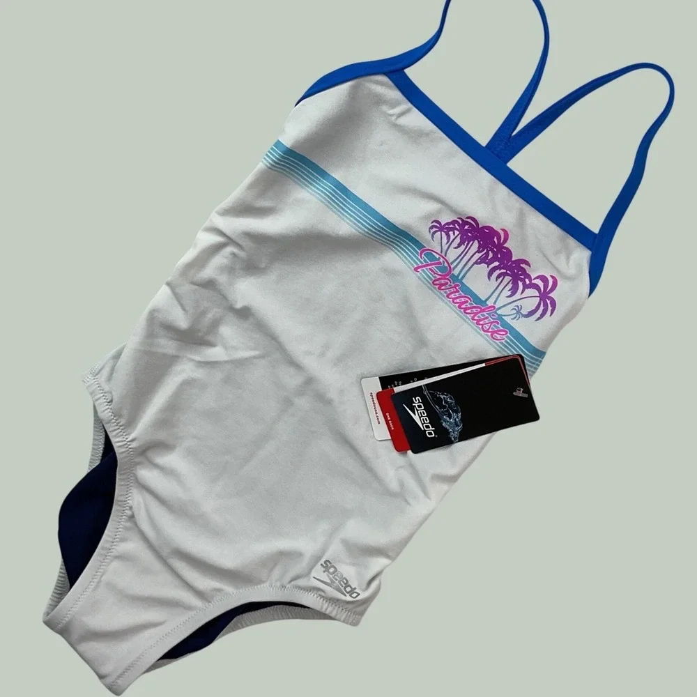 Speedo Endurance Girls White Paradise Palm Tree One Piece Swimsuit Size 24 NEW